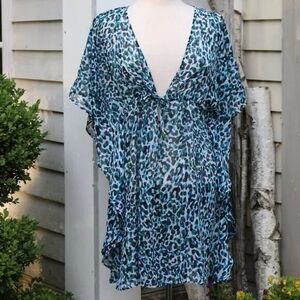 Bleu Rod Beattie Blue Black Sheer Animal Print Drawstring Caftan Coverup